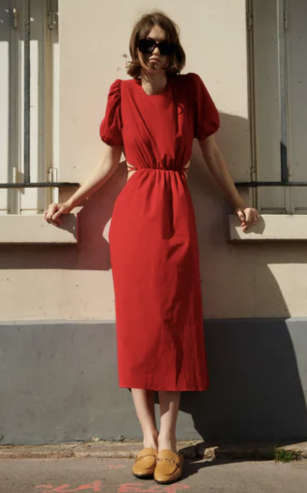 red puff sleeve midi dress